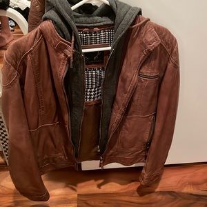 Leather zip out hood jacket